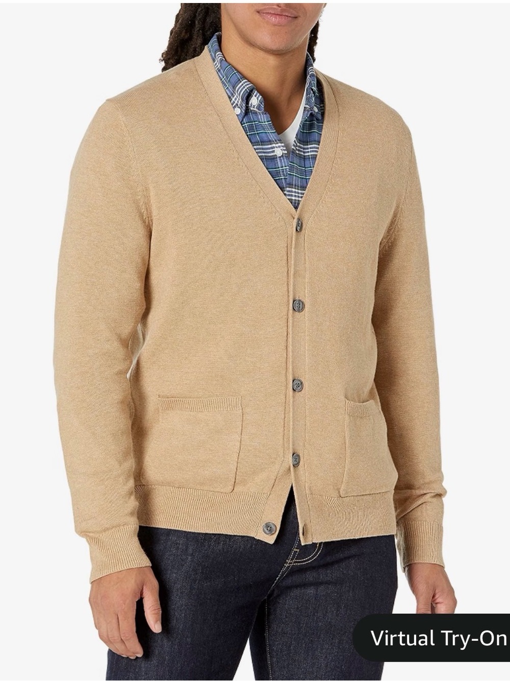 Amazon Essentials Men's Camel Button V-Neck Cardigan